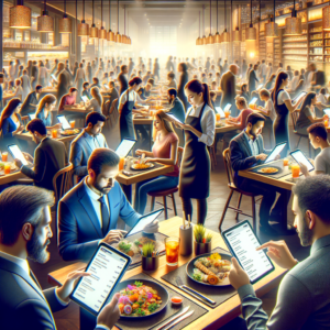 "A bustling restaurant with customers using digital menus and placing orders via tablets."